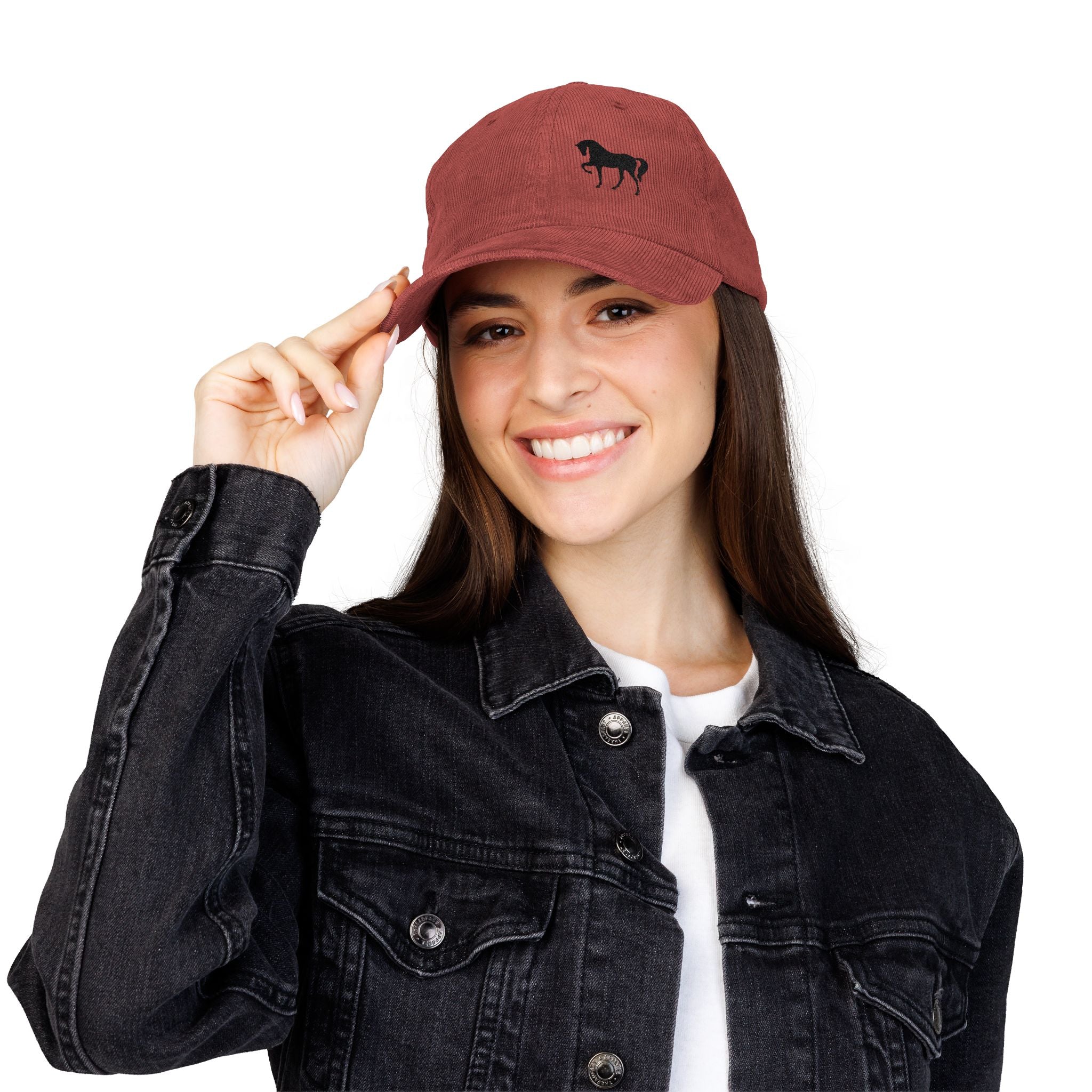 Vintage Corduroy Baseball Cap — Embroidered Horse Logo, Rustic Casual Hat
