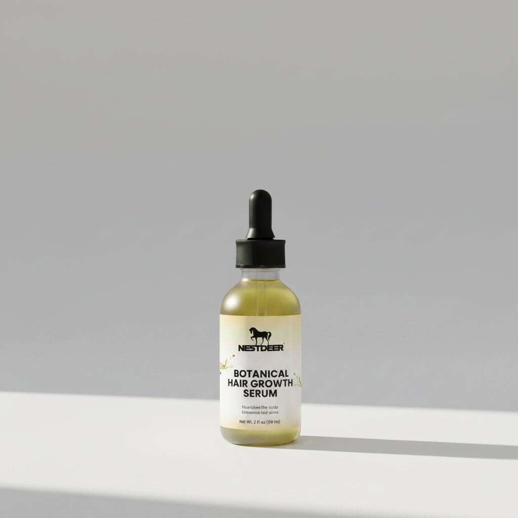 Botanical hair growth serum bottle with dropper on a light gray background