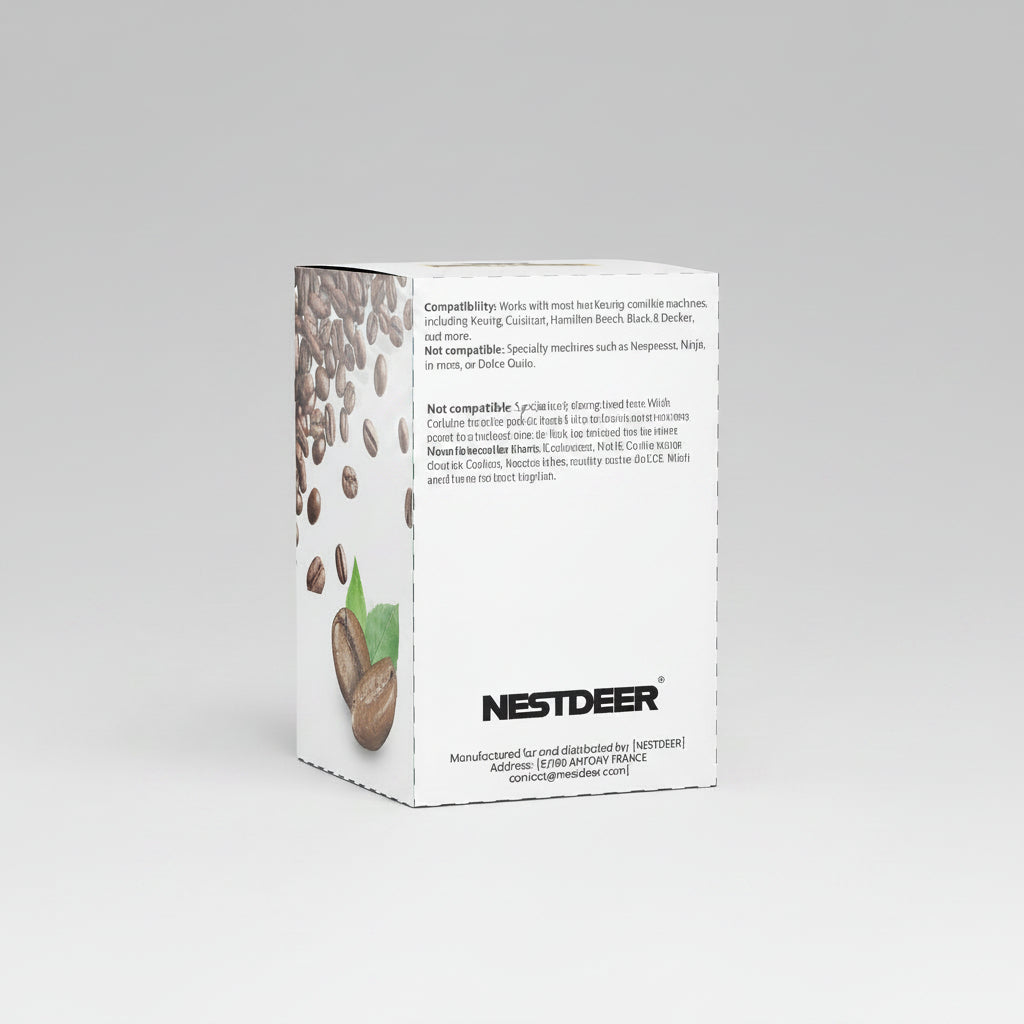 Nestdeer coffee packaging with coffee beans and brand logo on a white background