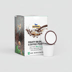 Nestdeer fruity blog coffee pods packaging with a coffee cup and coffee beans on a white background.