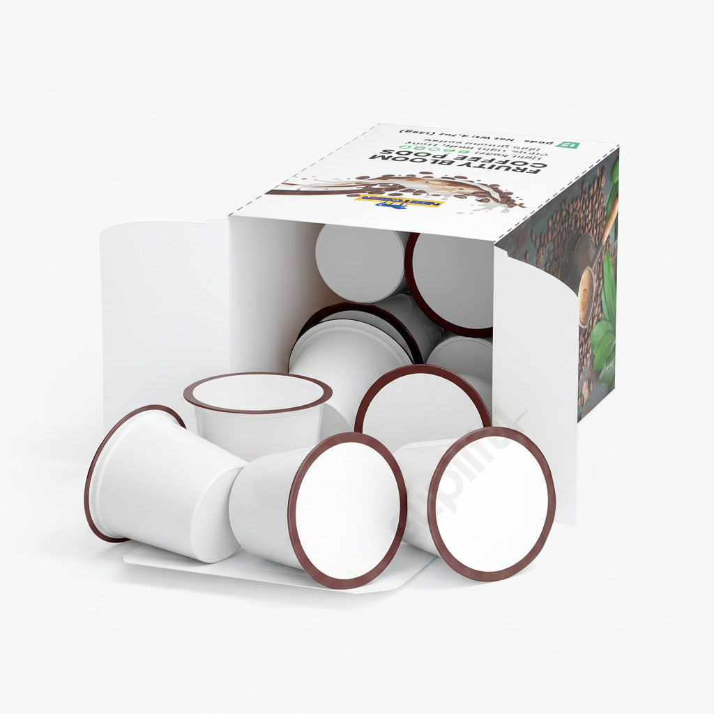 White coffee cups with brown rims in front of a box containing more cups and a coffee filter.