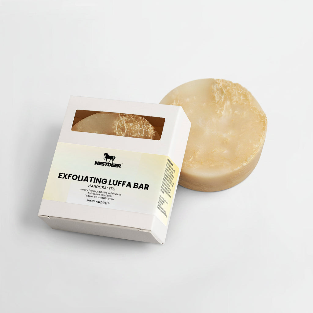 Exfoliating Luffa Bar with packaging on a light gray background