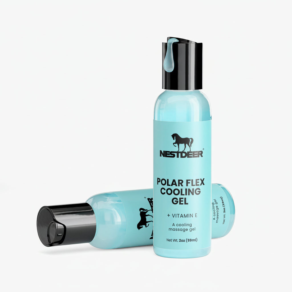 Blue cooling gel bottle with black cap on a white background, featuring the brand 'Nestdeer'.