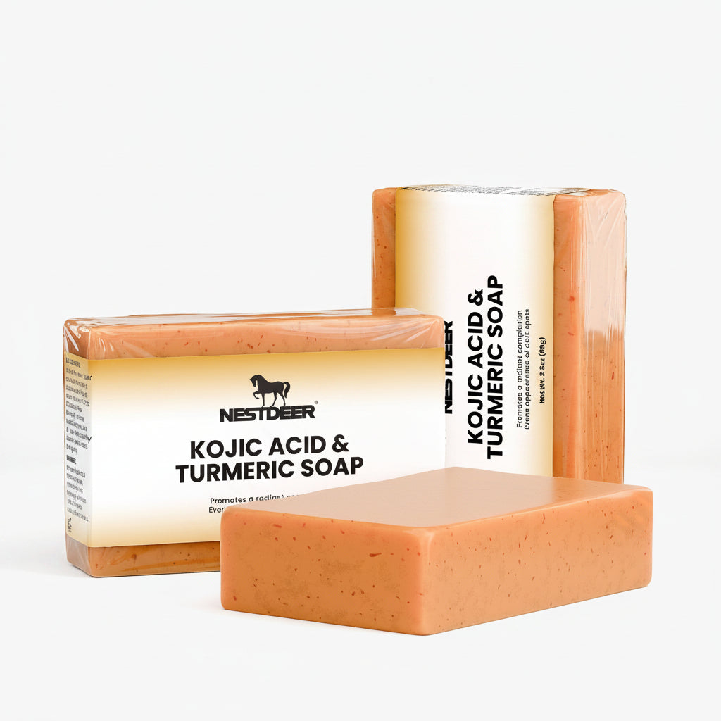 Kojic acid and turmeric soap with packaging on a white background