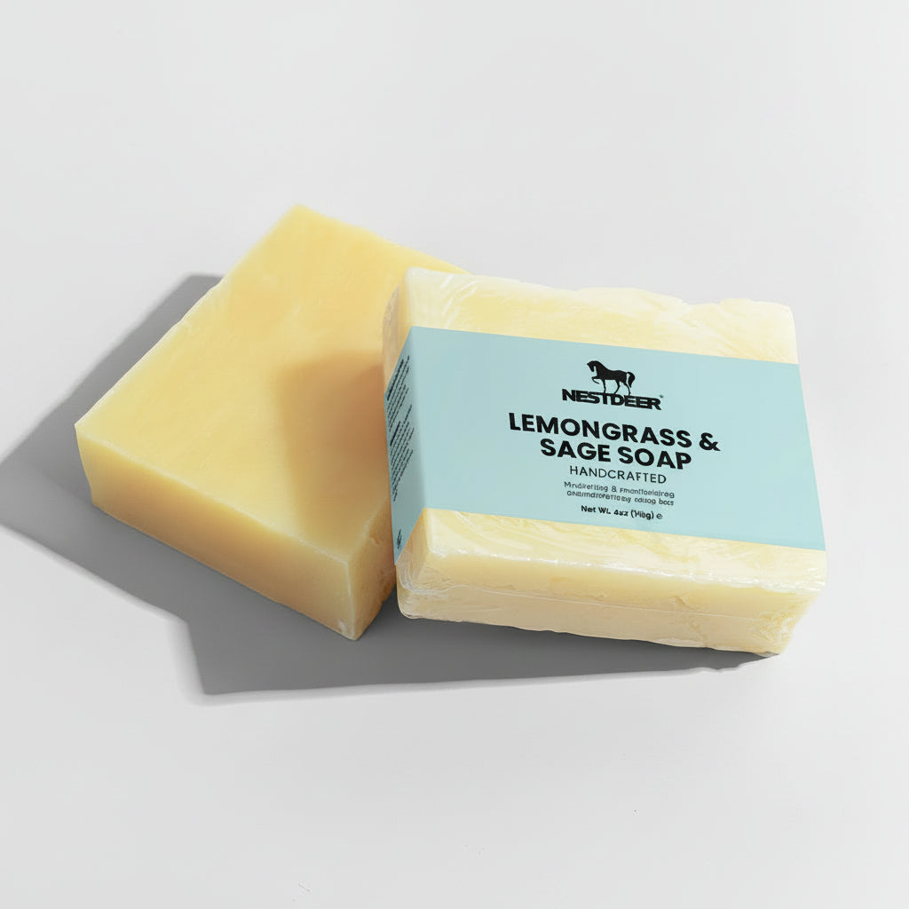 Two bars of lemongrass and sage soap with a label on a light gray background