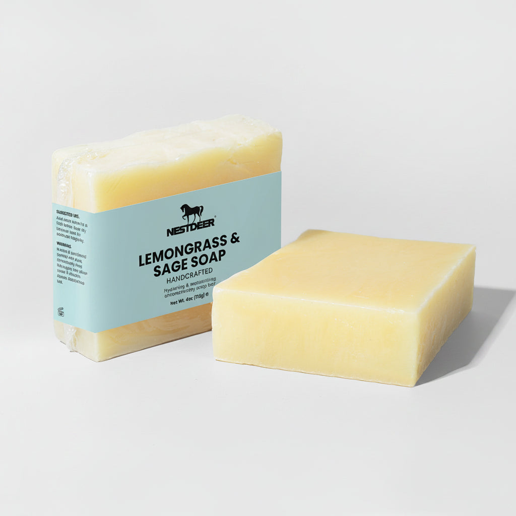 Two bars of soap with a blue label on a light gray background