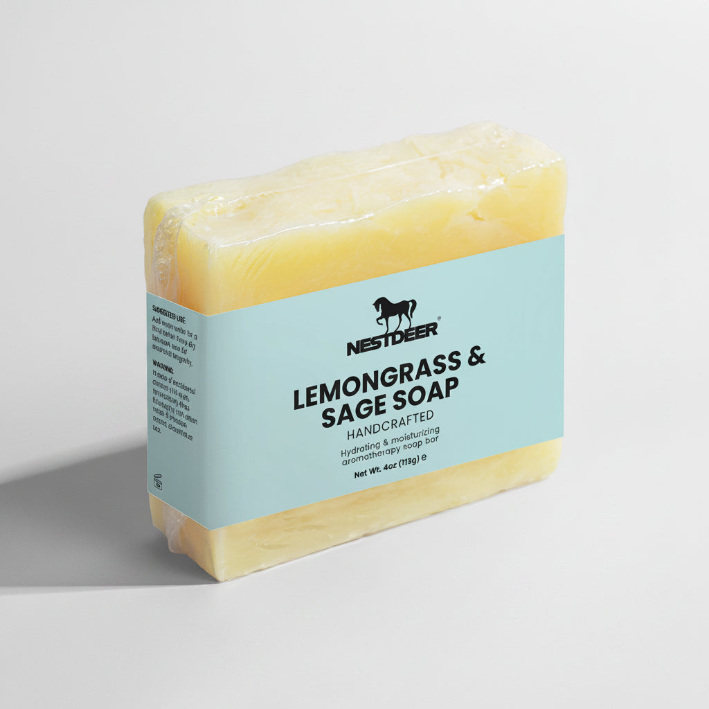Bar of lemongrass and sage soap with a blue label on a light gray background