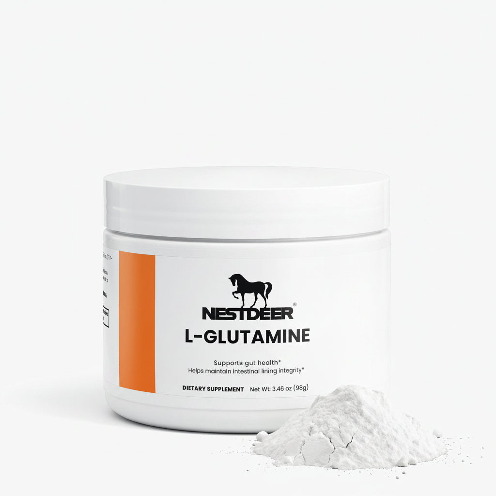 Nestdeer L-Glutamine supplement container with powder on a white background