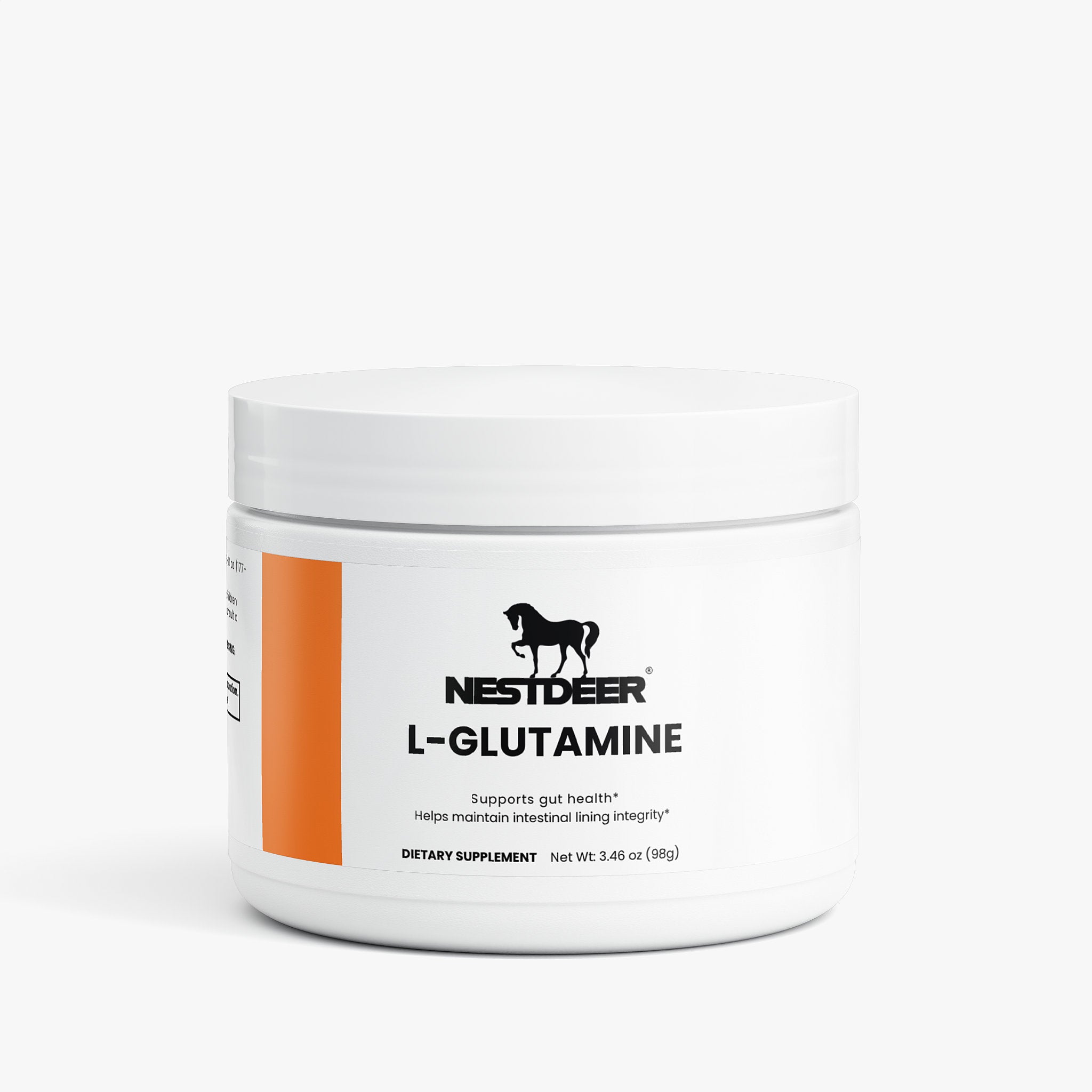 Jar of Nestdeer L-Glutamine supplement on a white background