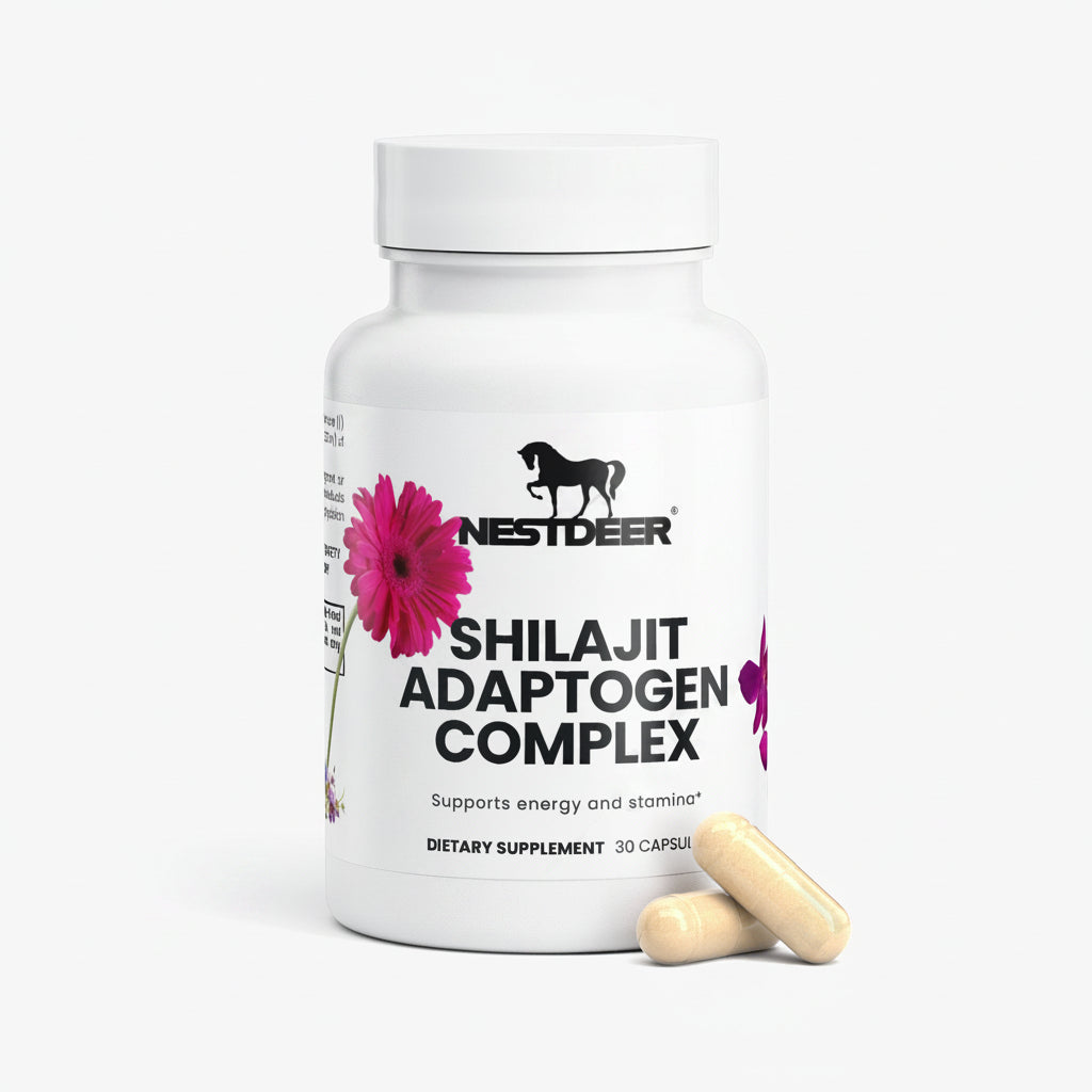 Nestdeer Shilajit Adaptogen Complex dietary supplement bottle with capsules on a white background
