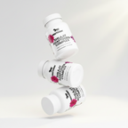 Three white bottles labeled 'Shilajit Adaptogen Complex' on a light gray background with floral elements.