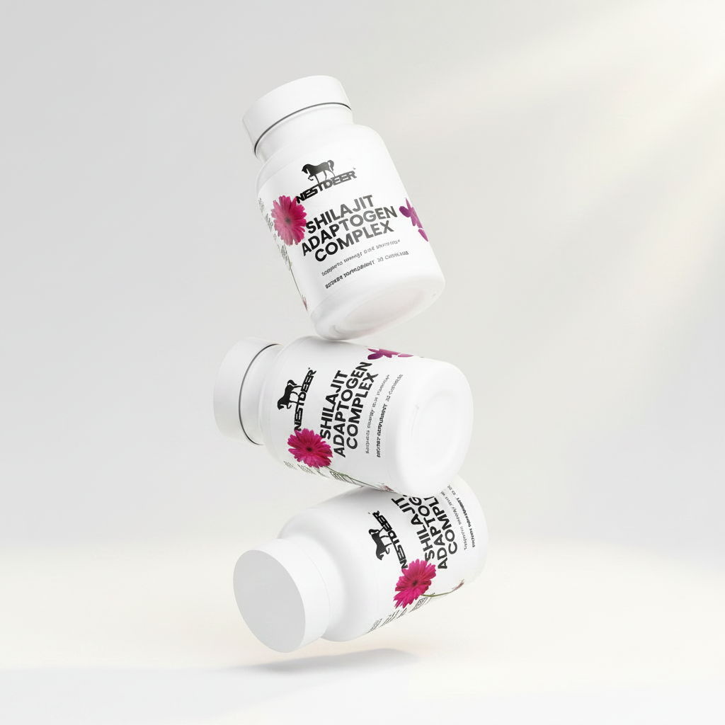 Three white bottles labeled 'Shilajit Adaptogen Complex' on a light gray background with floral elements.