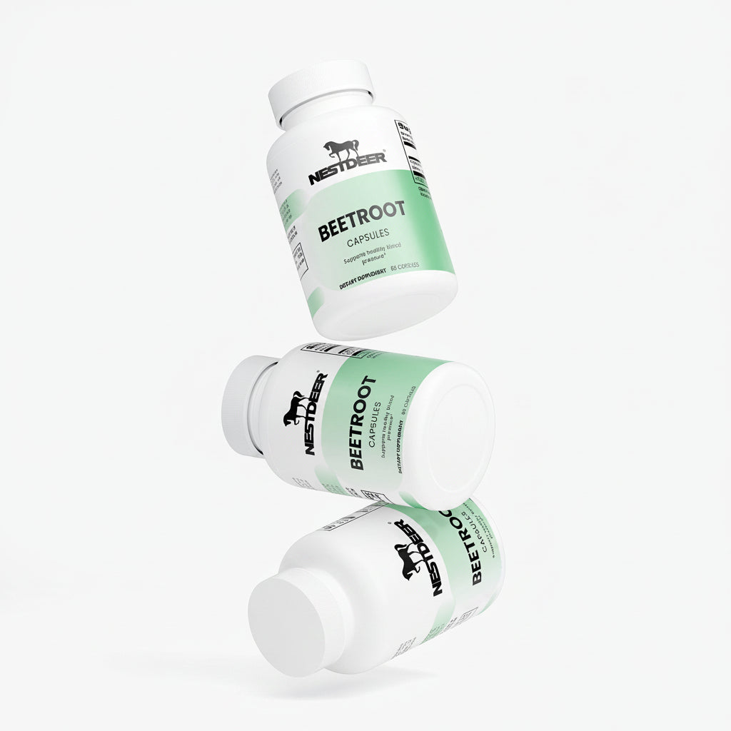 Three bottles of Nestle Beetroot capsules on a white background with 'Suppliful' branding.