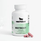 Nest Deer Beetroot capsules bottle with two pink capsules on a white background