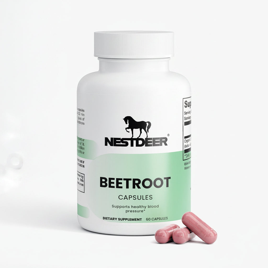 Nest Deer Beetroot capsules bottle with two pink capsules on a white background
