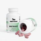 Nest Deer Beetroot capsules with open bottle on a white background
