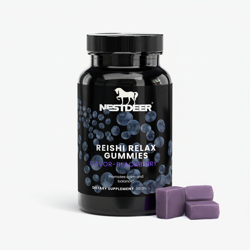 Black bottle of Nestdeer Reishi Relax Gummies with purple gummies on a white background
