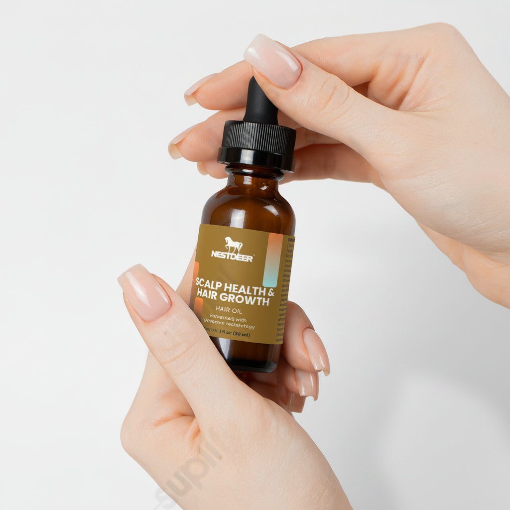 Hand holding a bottle of 'Scalp Health & Hair Growth' serum with a visible brand logo.