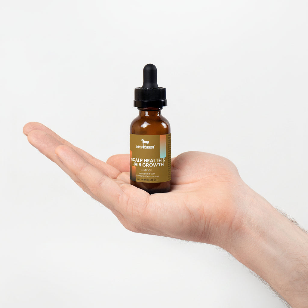 Hand holding a bottle labeled 'Scalp Health & Hair Growth' against a light background