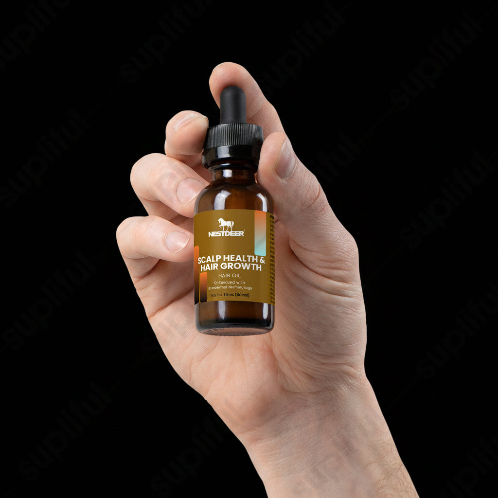 Hand holding a bottle of Scalp Health and Hair Growth serum with a neutral background