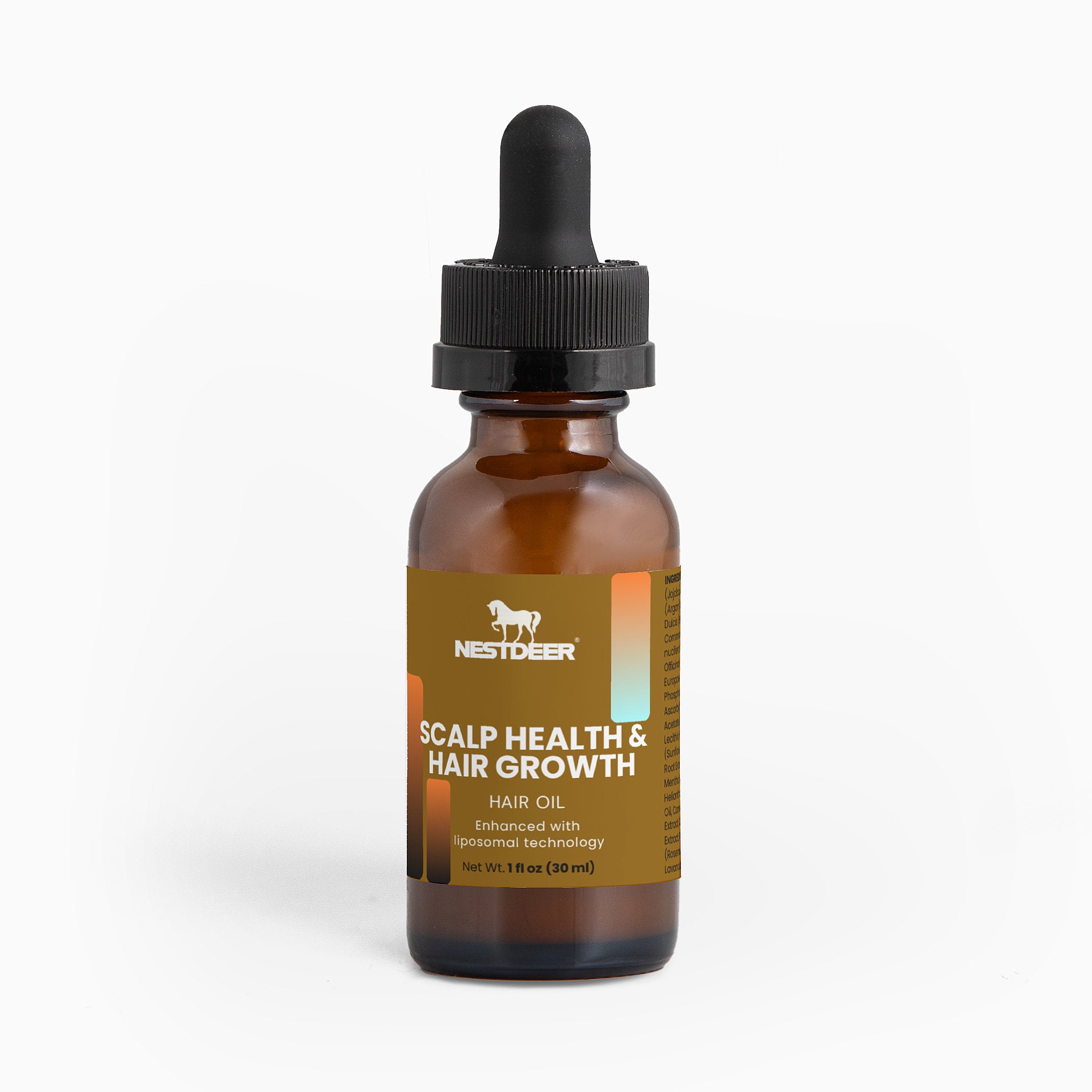 Brown glass bottle with dropper labeled 'Nest Deer' for scalp health and hair growth on a white background