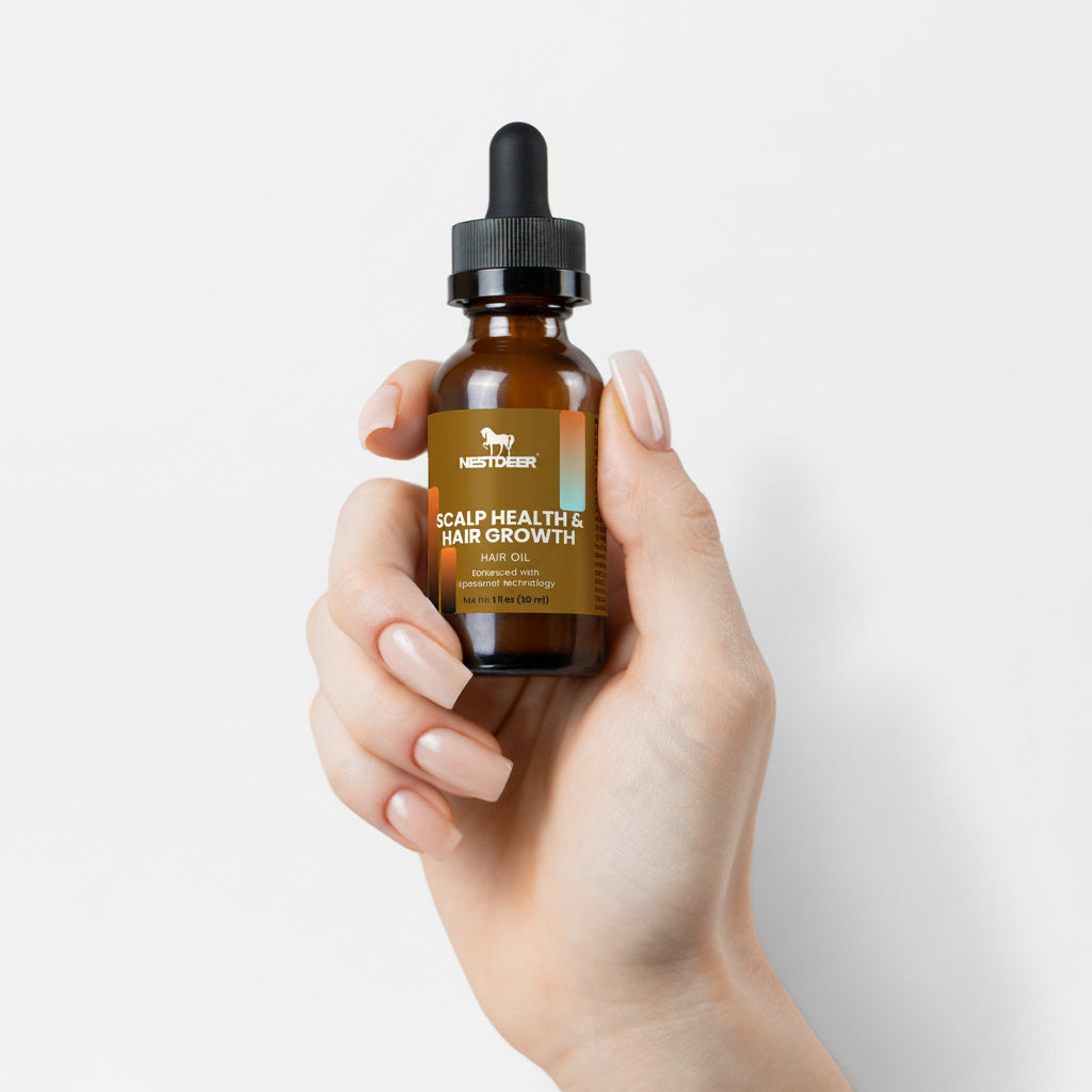 Hand holding a bottle of Scalp Health & Hair Growth hair oil with a visible brand label on a light gray background.