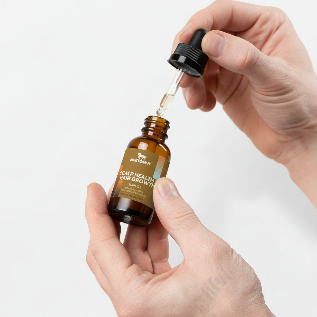 Hand holding a bottle of scalp health serum with a dropper on a light background