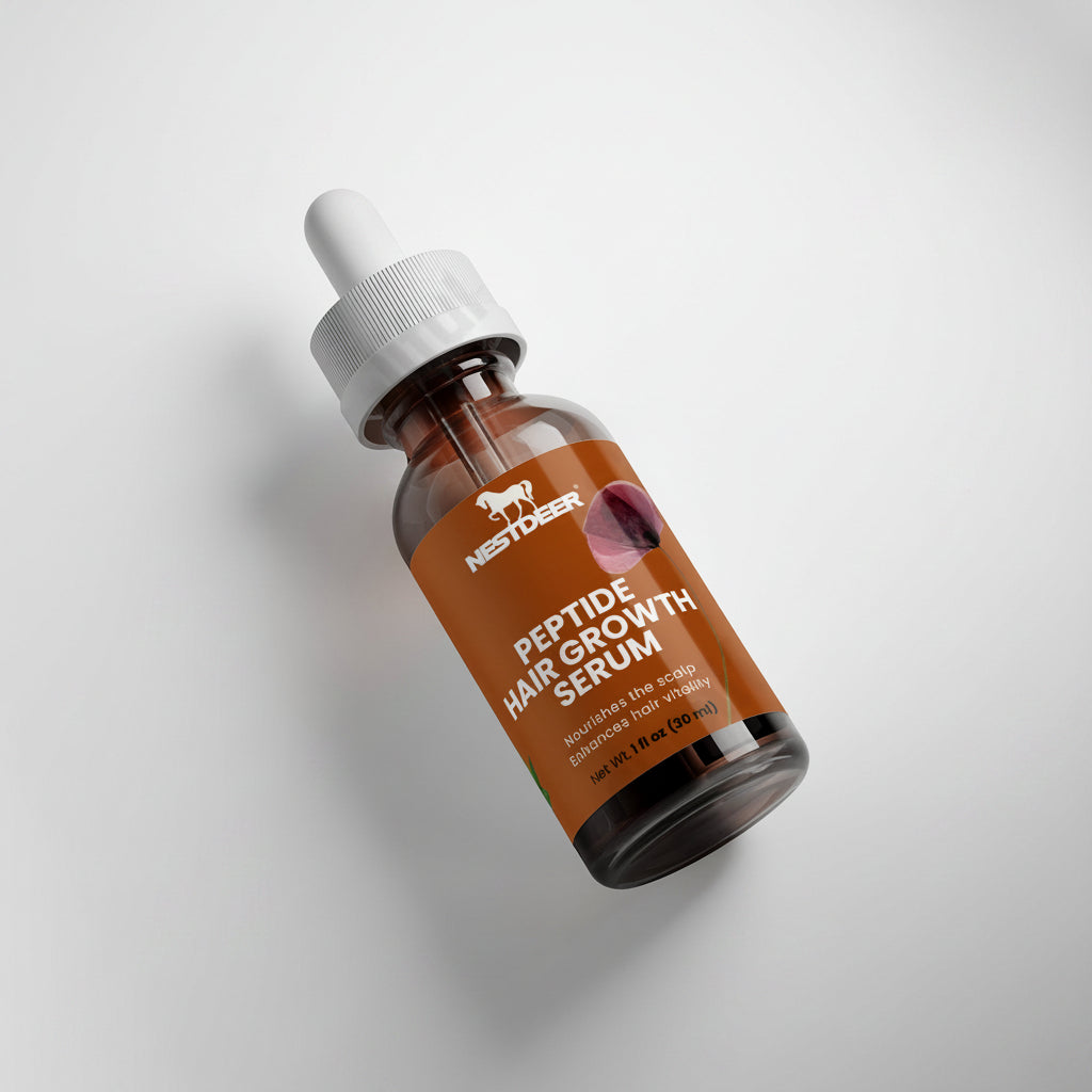 Peptide hair growth serum bottle with dropper on a light gray background