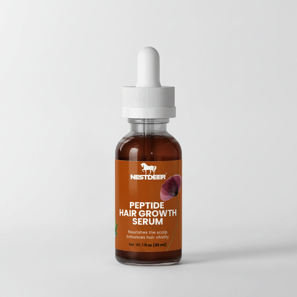 Peptide hair growth serum bottle with dropper on a light gray background