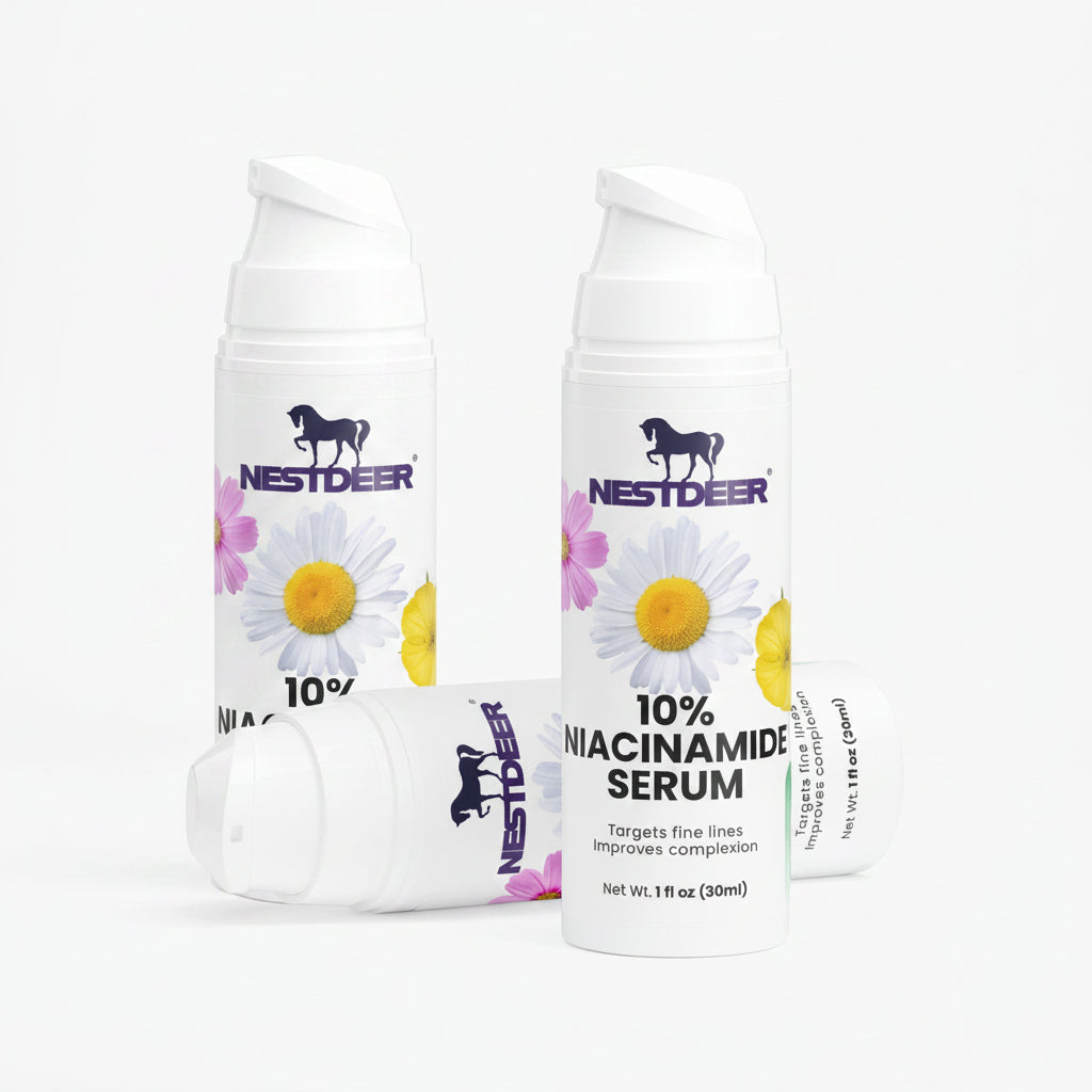 Nestdeer 10% Niacinamide Serum bottle with daisy design on a white background