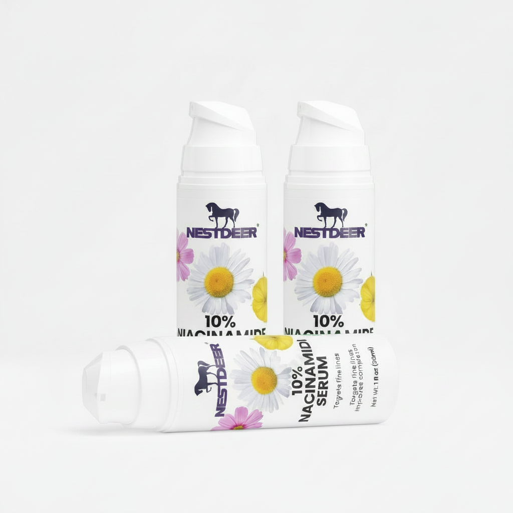 Two tubes of Nestdeer 10% Niacinamide Serum with floral design on a white background.