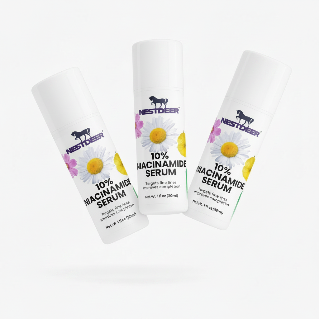 Three bottles of Nestdeer 10% Niacinamide Serum on a white background