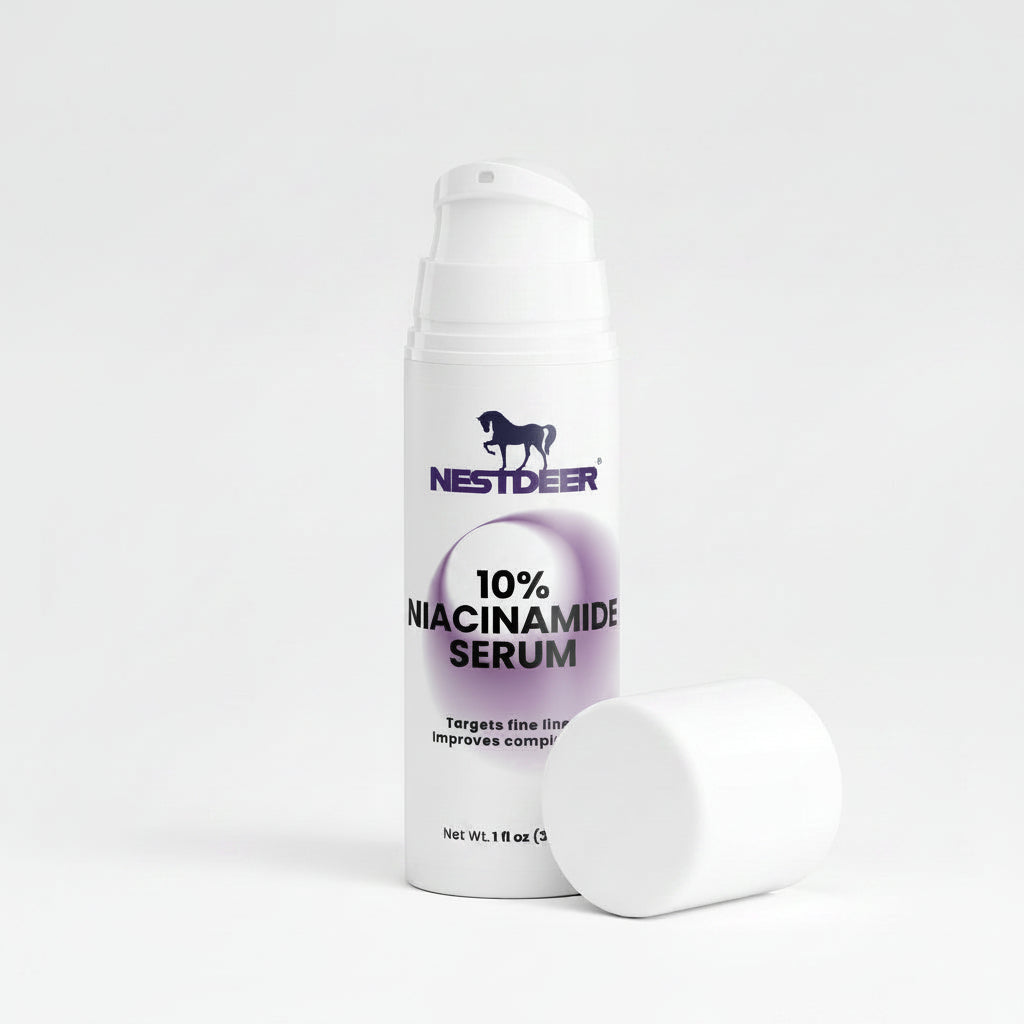 Nestdeer 10% Niacinamide Serum bottle with a cotton pad on a white background