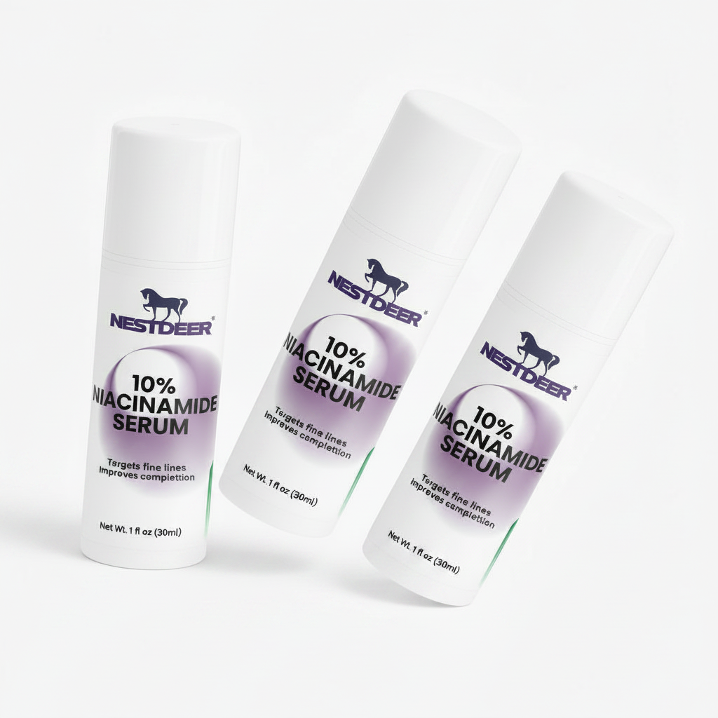 Three bottles of Nestdeer 10% Niacinamide Serum on a white background