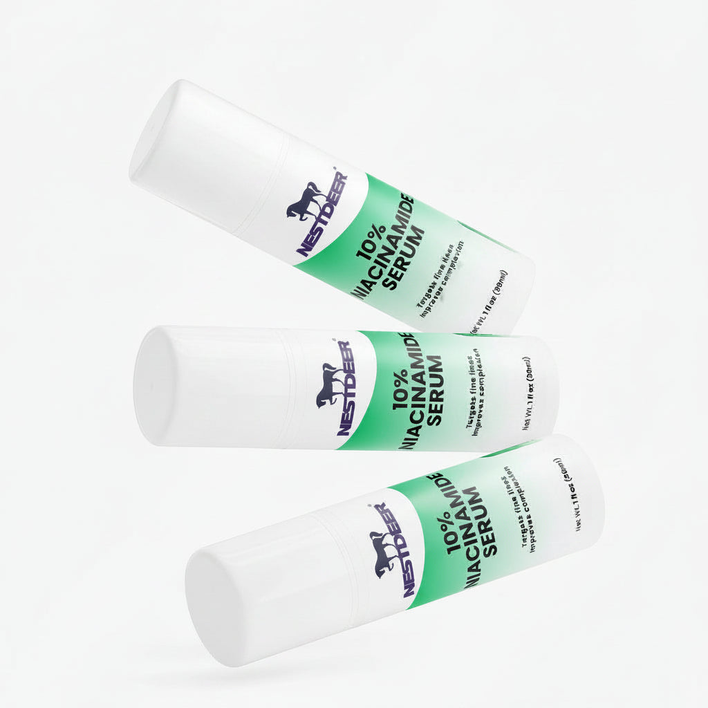 Three tubes of 10% Niacinamide Serum on a white background with 'Nestlé' branding.