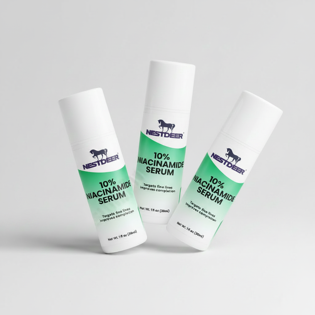 Three tubes of Nestdeer 10% Niacinamide Serum on a light gray background