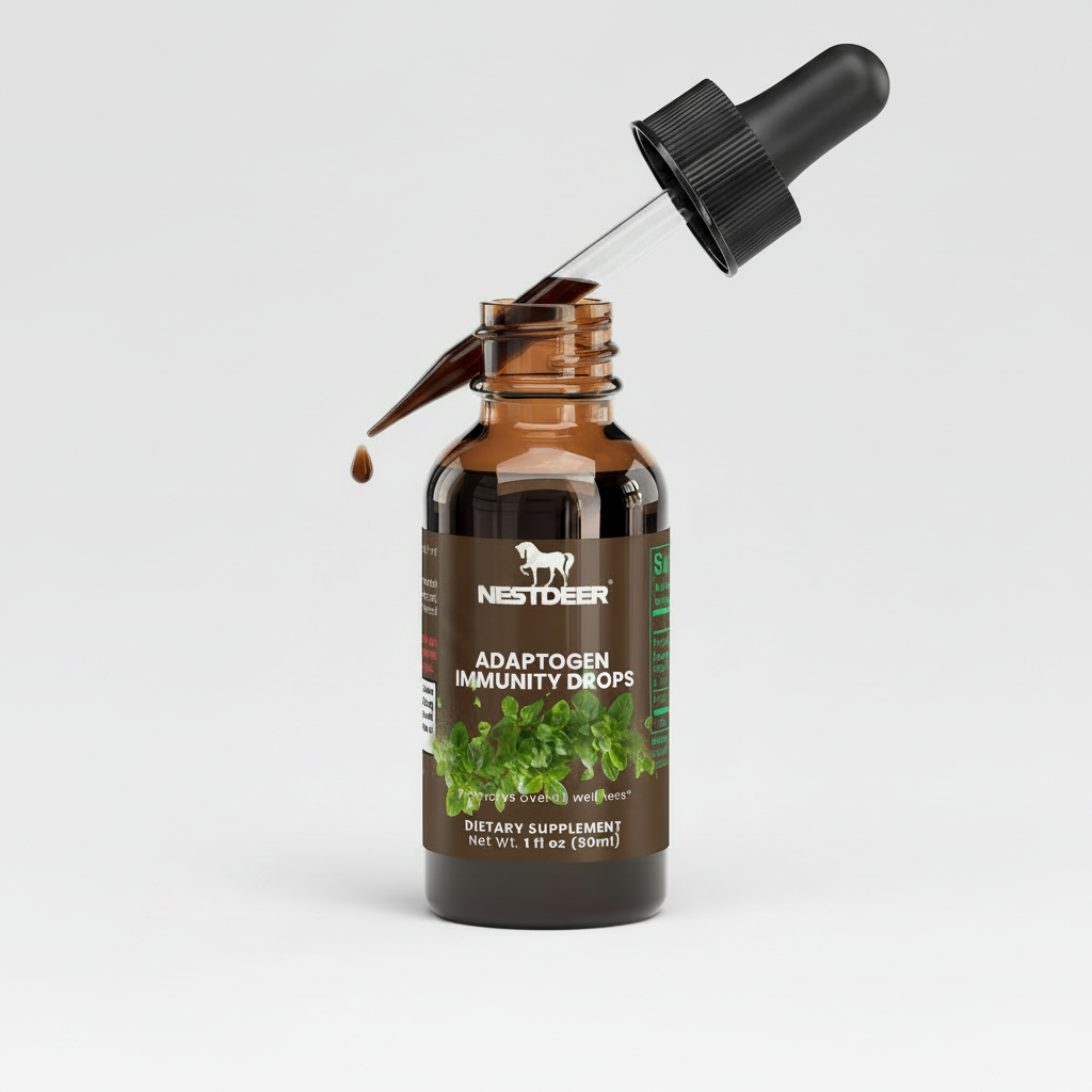 Nestdeer Adaptogen Immunity Drops bottle with dropper on a light gray background