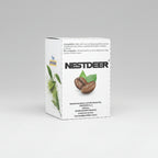 Nestdeer coffee packaging with coffee beans and leaves on a white background