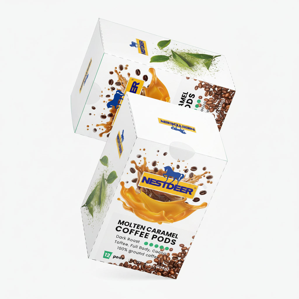 Nestdeer Molten Caramel Coffee Pods packaging on a white background