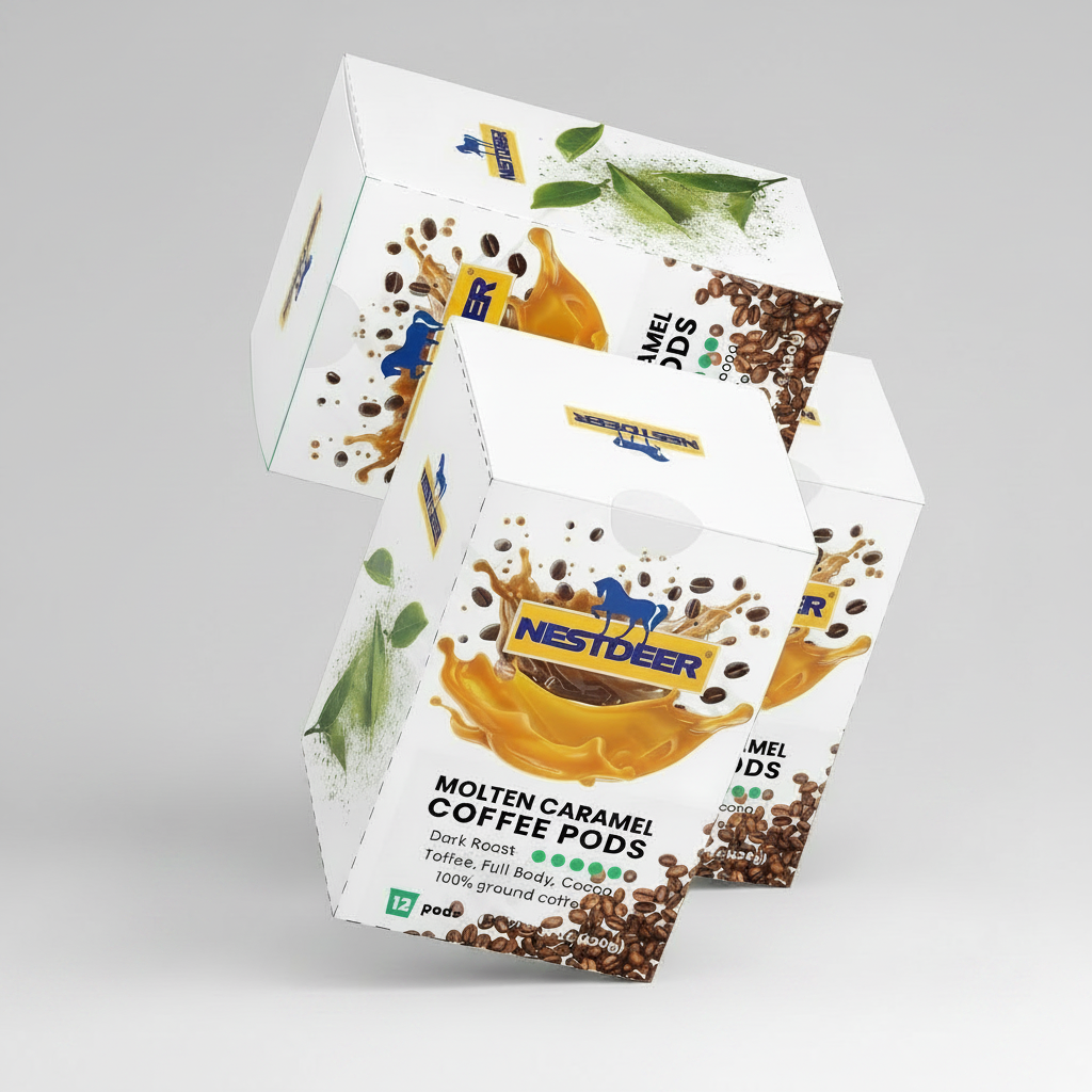 Nestdeer Molten Caramel Coffee Pods packaging on a white background