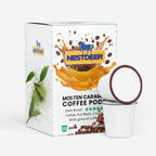 Nestdeer molten caramel coffee pod packaging with a coffee cup on a white background