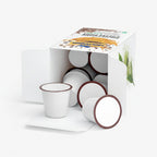 White ceramic cups with brown rims in a box labeled 'Suppliful'.