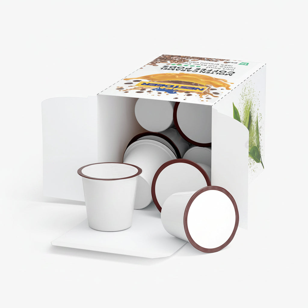 White ceramic cups with brown rims in a box labeled 'Suppliful'.