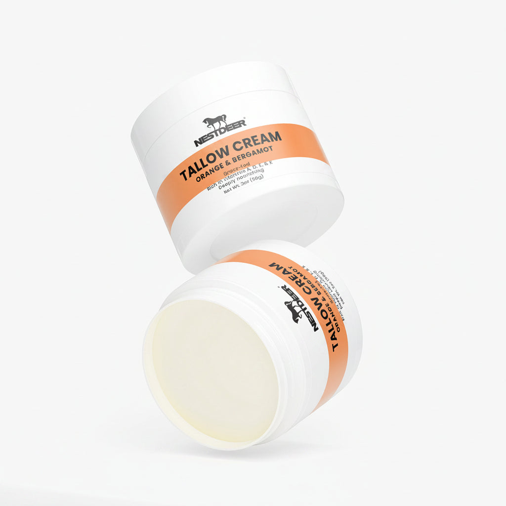 Two containers of tallow cream with a visible brand logo on a white background.