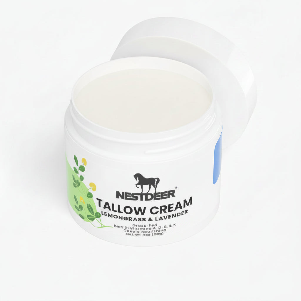 Jar of Nestdeer tallow cream with lemongrass and lavender scent on a white background.