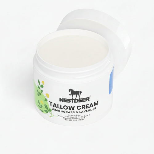 Jar of Nestdeer tallow cream with lemongrass and lavender scent on a white background.