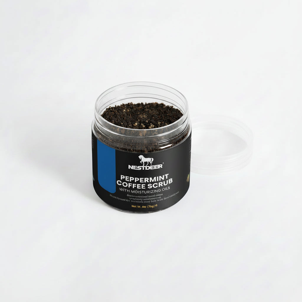 Jar of peppermint coffee scrub with Nestdeer branding on a light gray background