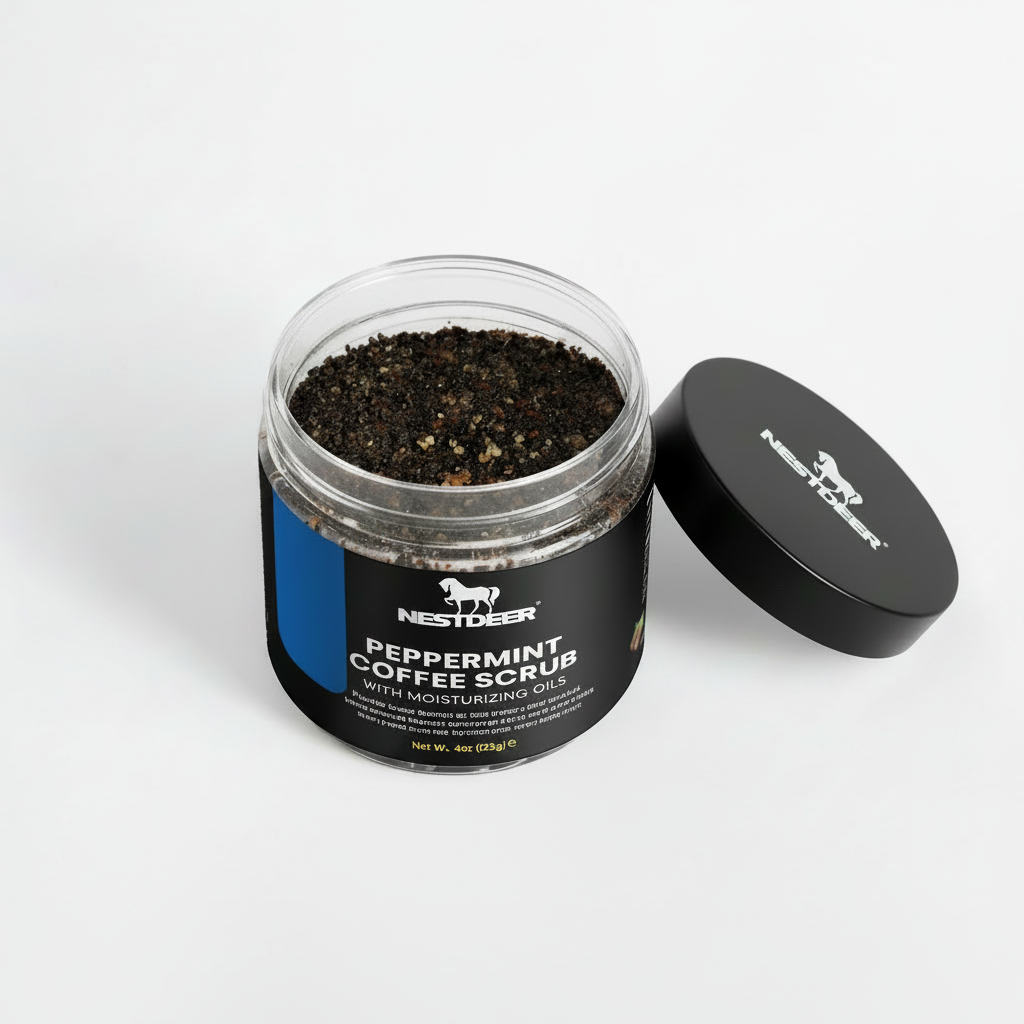 Jar of peppermint coffee scrub with Nestdeer branding on a white background