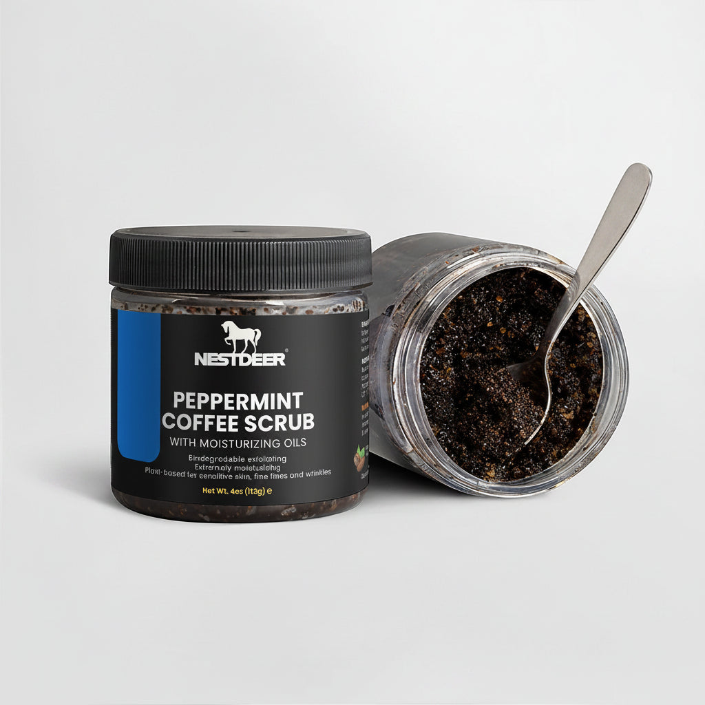 Peppermint coffee scrub jar with a spoon inside on a light gray background