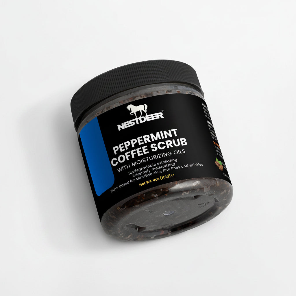 Jar of peppermint coffee scrub with Nestdeer branding on a white background